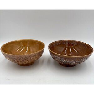 Two Vtg Haeger USA Brown Ceramic Bowls/Planters Embossed Design Cottagecore